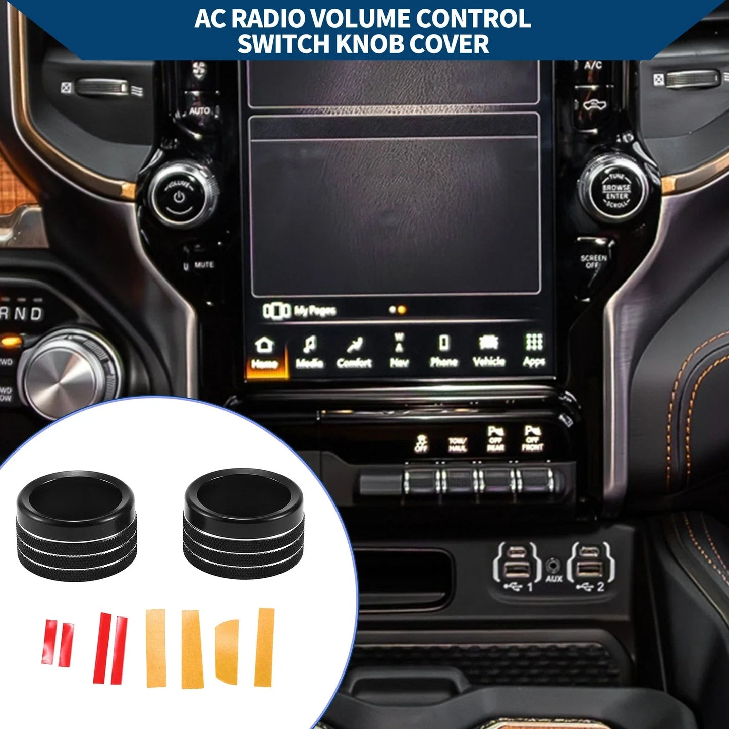 Radio Audio Tune Switch Knob Cover for Dodge RAM 2019-2022 - 2 Pcs Black