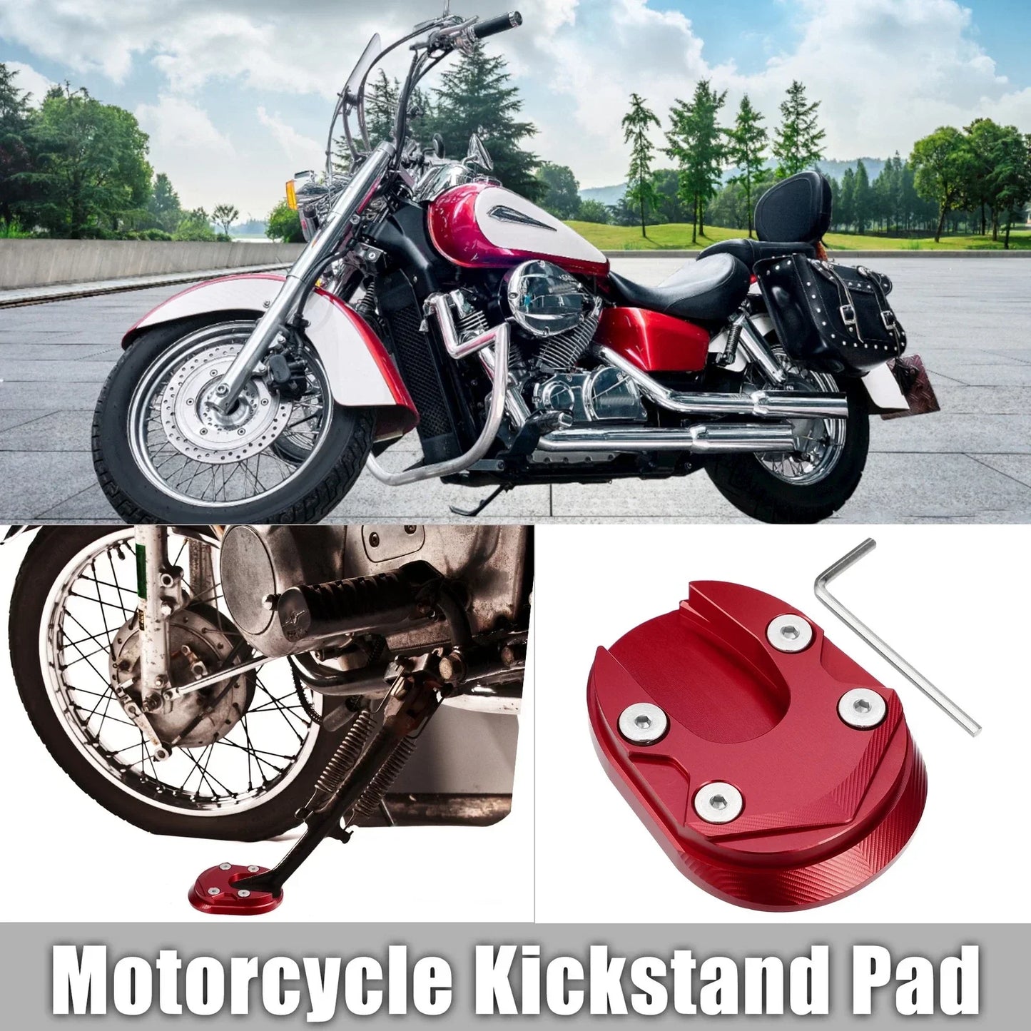 Motorcycle Kickstand Plate Pad for Honda 125 2013-2023 - Includes Wrench, Red