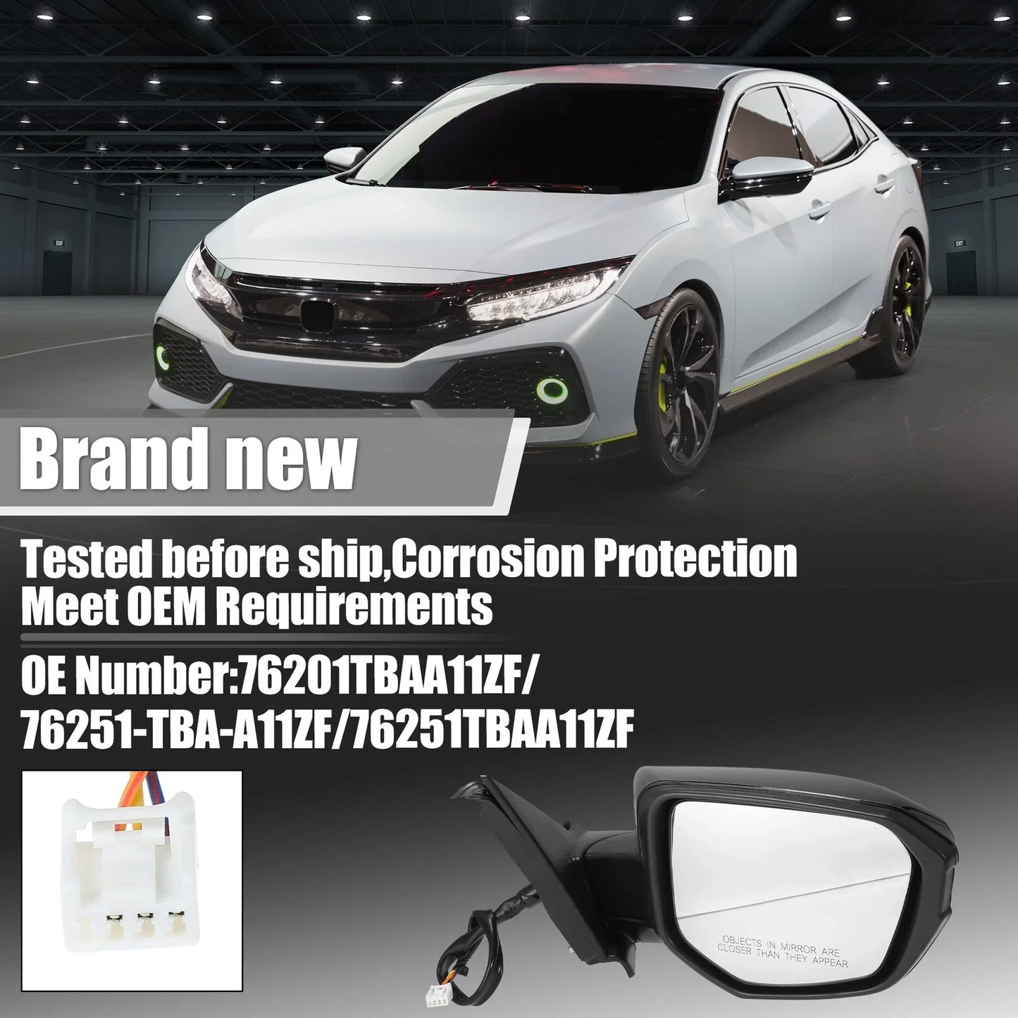 3 Pin Right Side Exterior Door Mirror Assembly Black for Honda Civic (2016-2021)