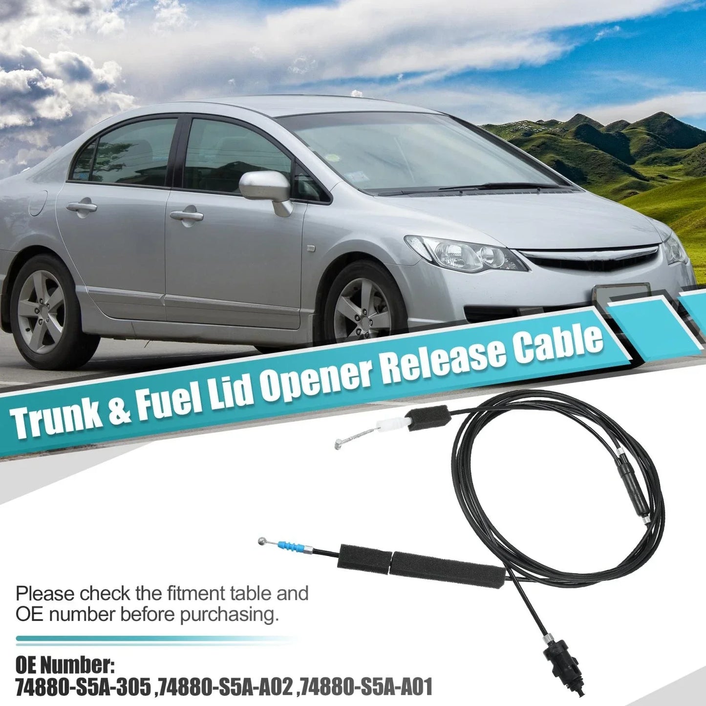 Trunk Lid Fuel Door Release Cable for Honda Civic (2001-2005) Black