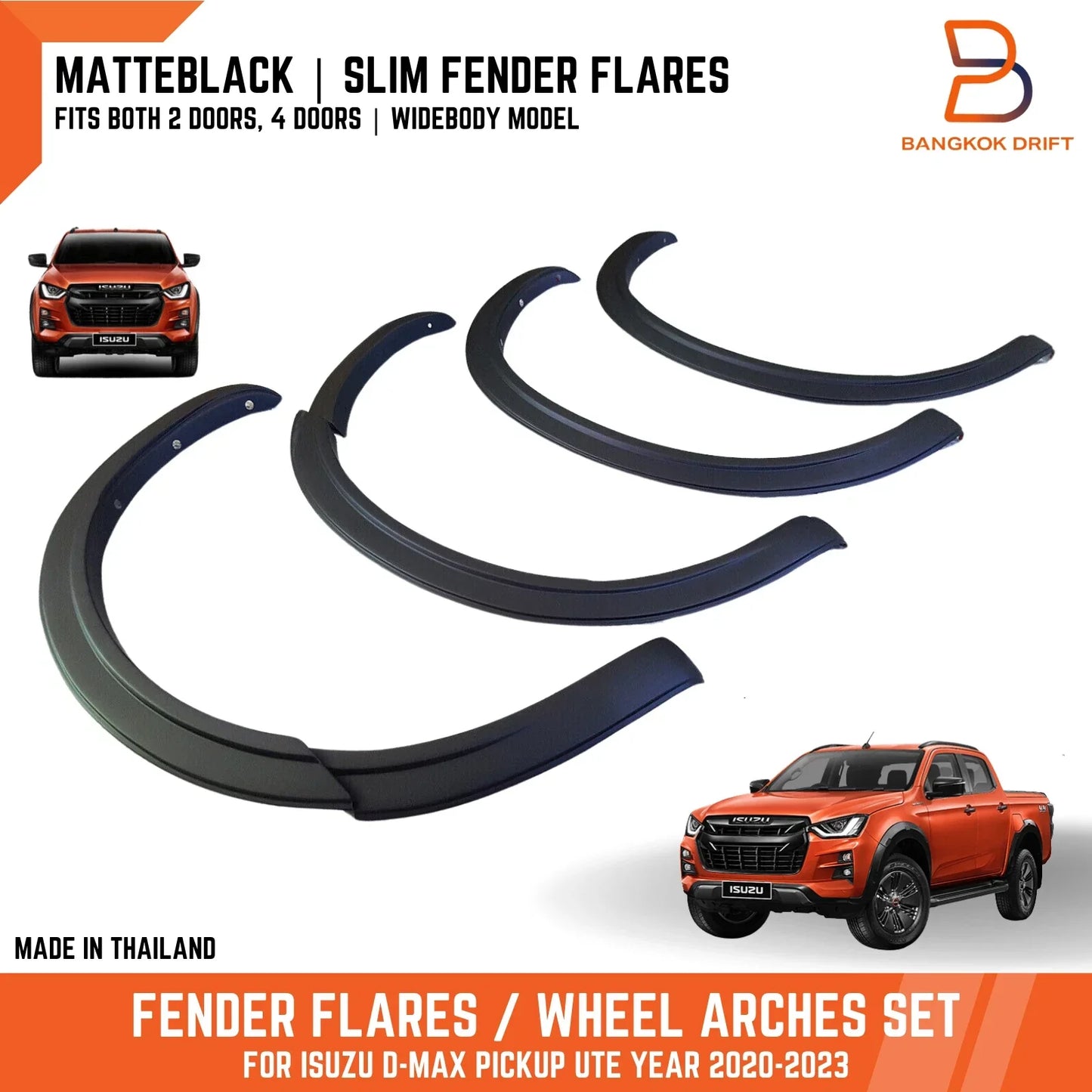 3" Smooth Matte Black Slim Fender Flares for Isuzu D-Max UTE (2020-2023)