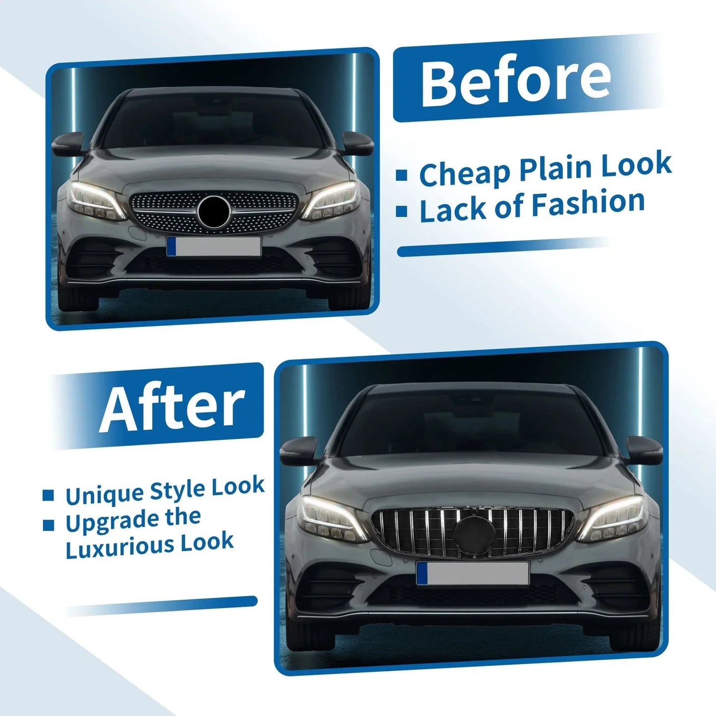 Front Upper Bumper Grille for Mercedes-Benz C250 (2012-2015) Black Chrome