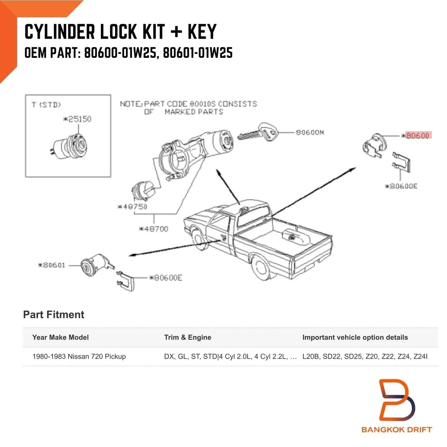 Door Lock Cylinders Set with Keys for Nissan Datsun 720 Pickup (73-86)