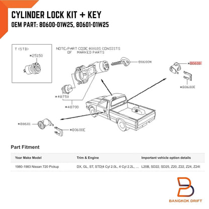 Door Lock Cylinders Set with Keys for Nissan Datsun 720 Pickup (73-86)