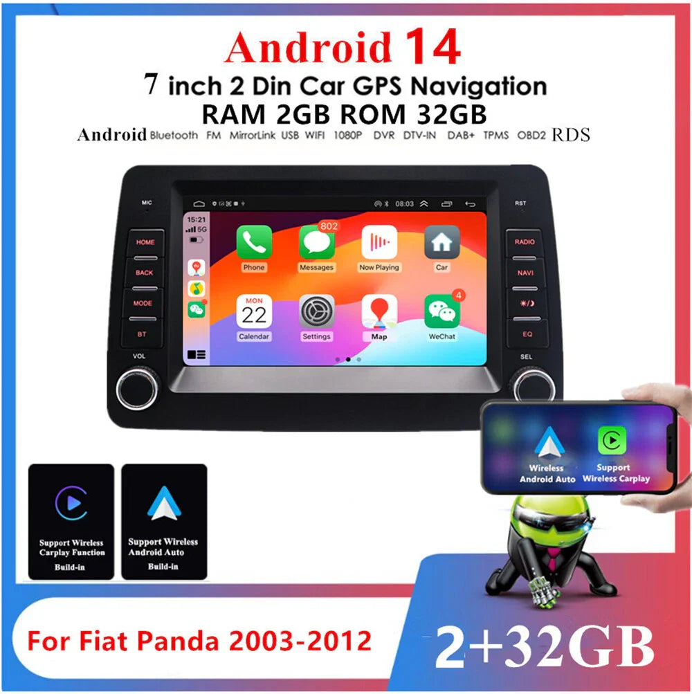 7" Carplay Stereo GPS Navigation Head Unit for Fiat Panda (2003-2012)