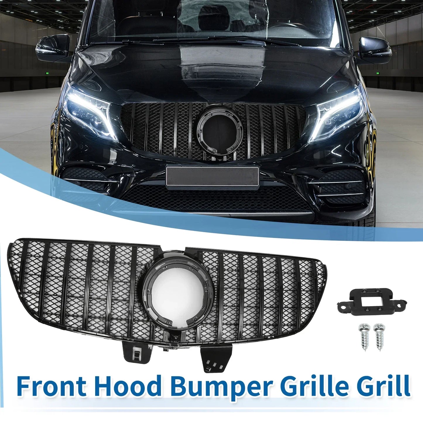 Front Upper Bumper Grille for Mercedes-Benz V-Class (2020-2024) Glossy Black