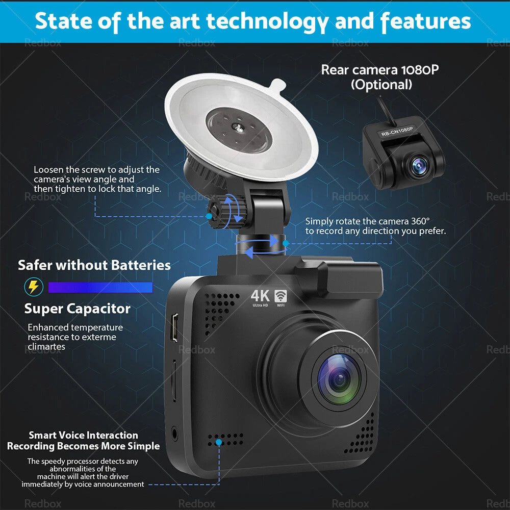 4K UHD 2160P Dash Camera with WiFi & GPS for Car - 170° WDR Night Vision