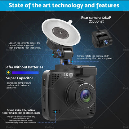 4K UHD 2160P Dash Camera with WiFi & GPS for Car - 170° WDR Night Vision