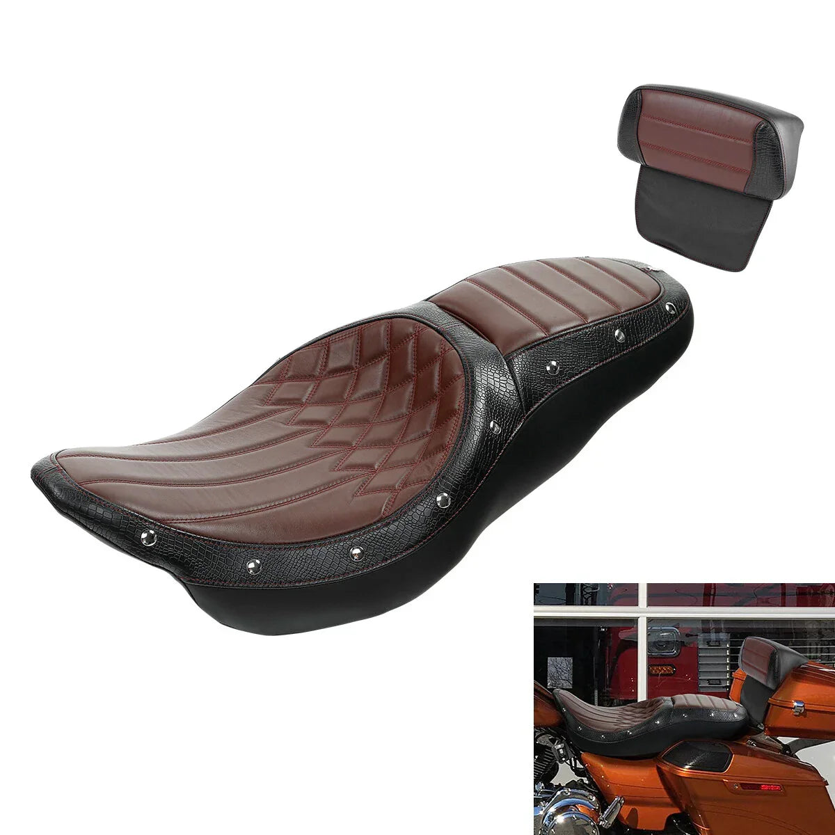 Seat Backrest Brown Black Driver Rider Passenger for Harley Touring (2014-2023)