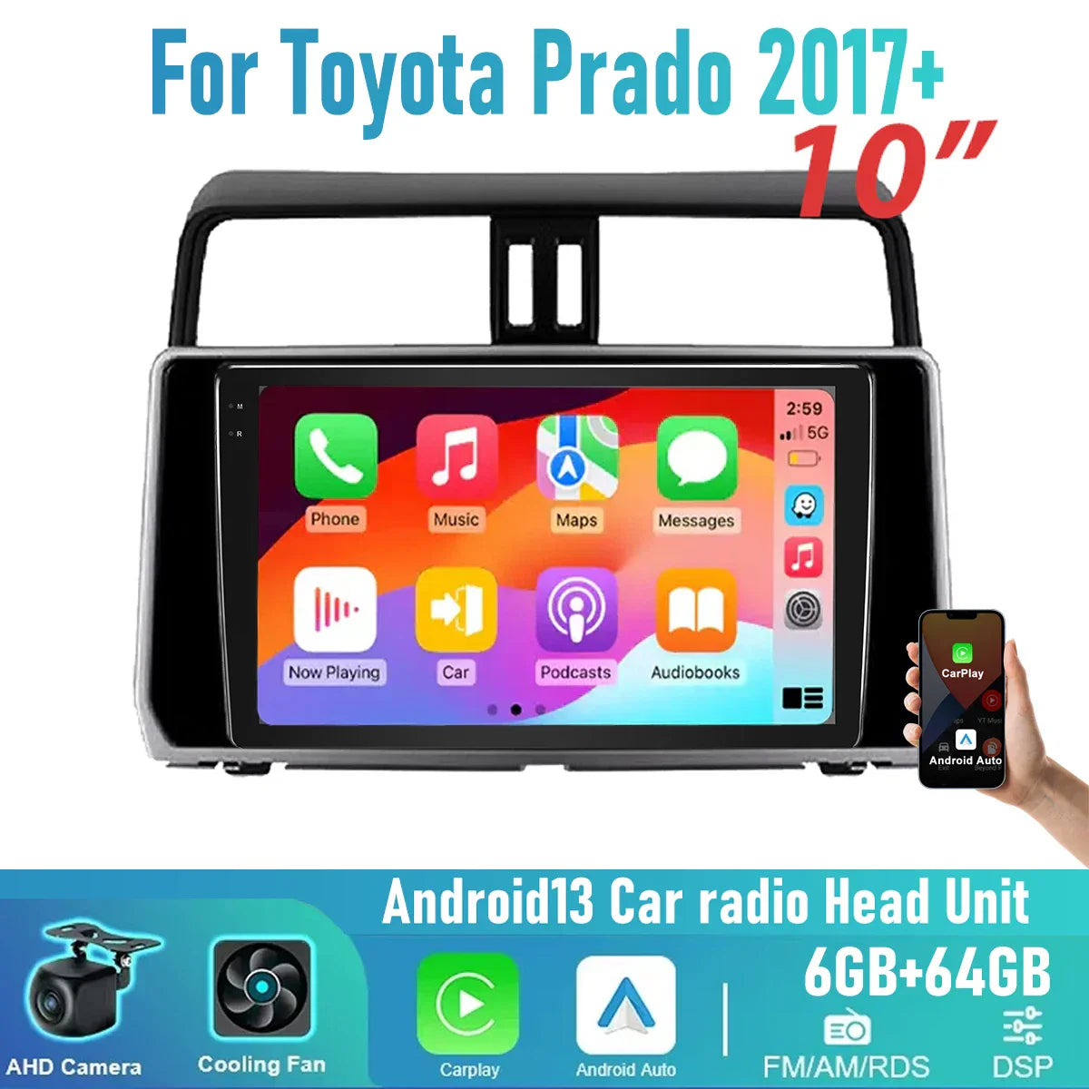 6-64GB Wireless CarPlay Android Head Unit Upgrade for Toyota Prado (2017-2023)