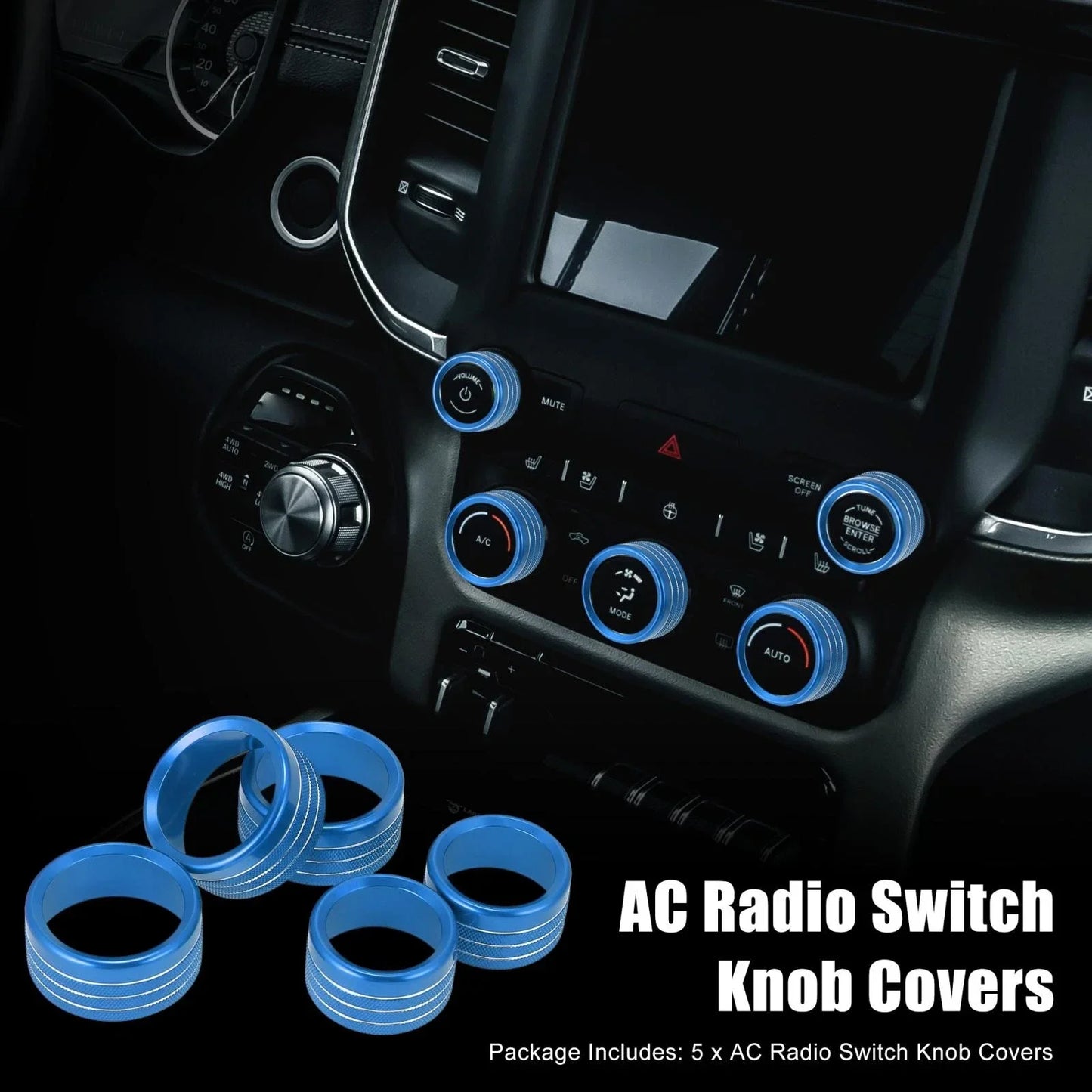 5 x Blue AC Radio Switch Knob Covers for Dodge Ram 1500 (2018-2020)