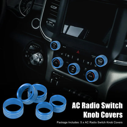 5 x Blue AC Radio Switch Knob Covers for Dodge Ram 1500 (2018-2020)