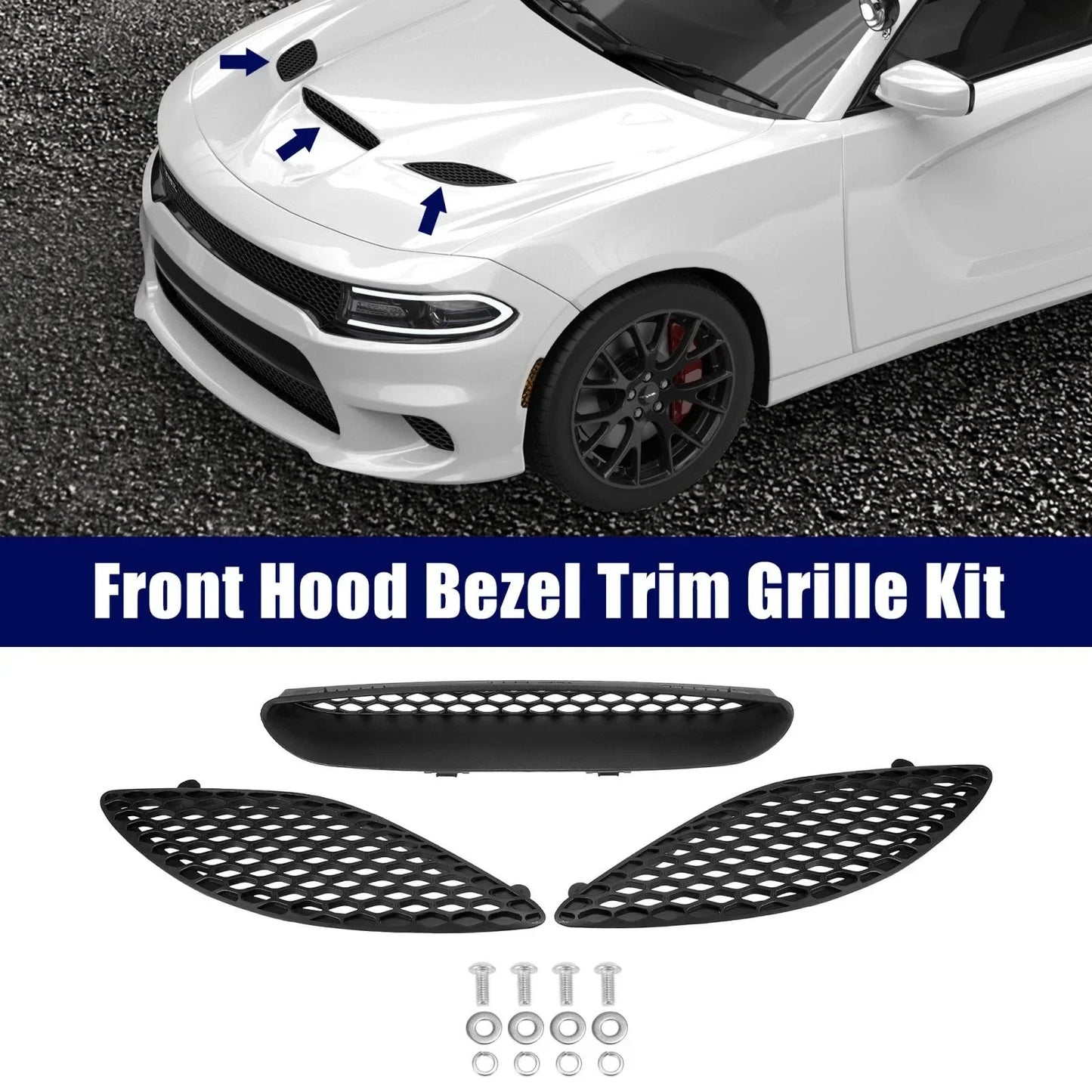 Black Hood Bezel Front Trim Grill Kit for Dodge Charger (2015-2020)