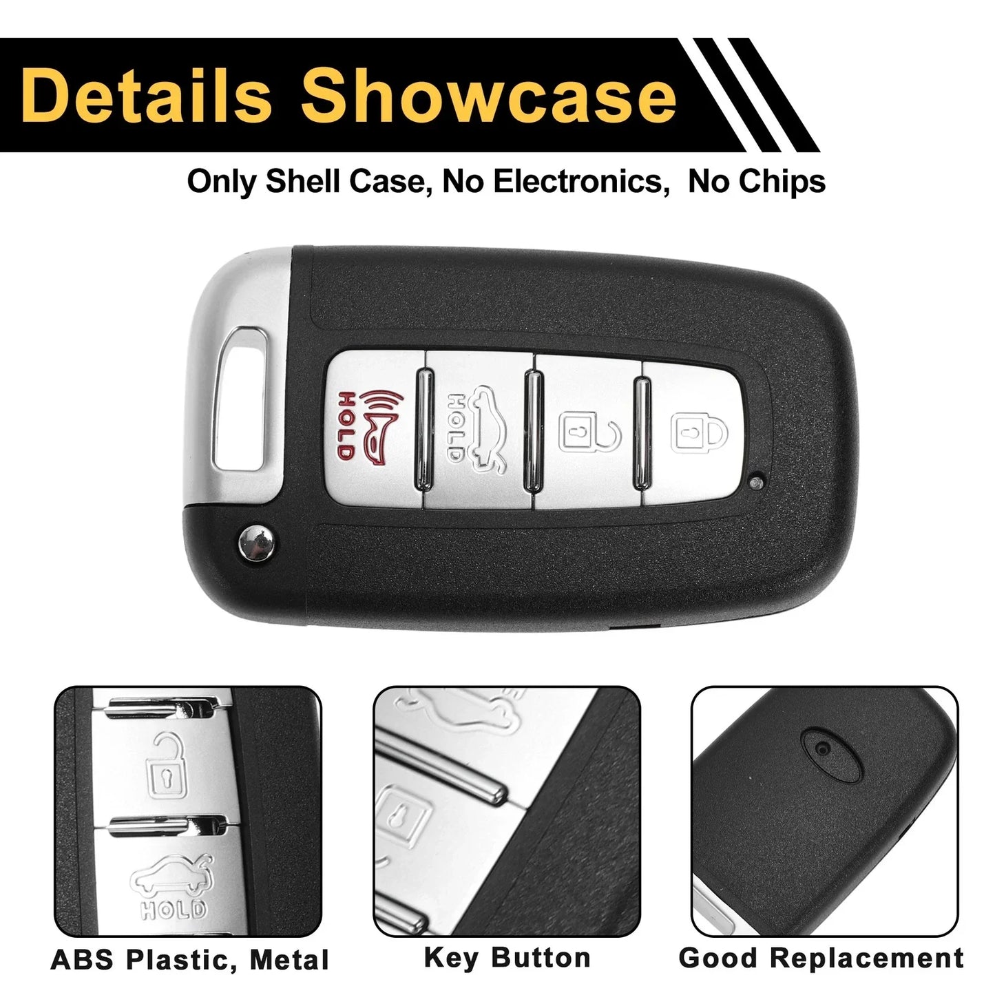 4 Button Key Fob Shell Case for Hyundai Sonata (2011-2015) Black Silver Tone