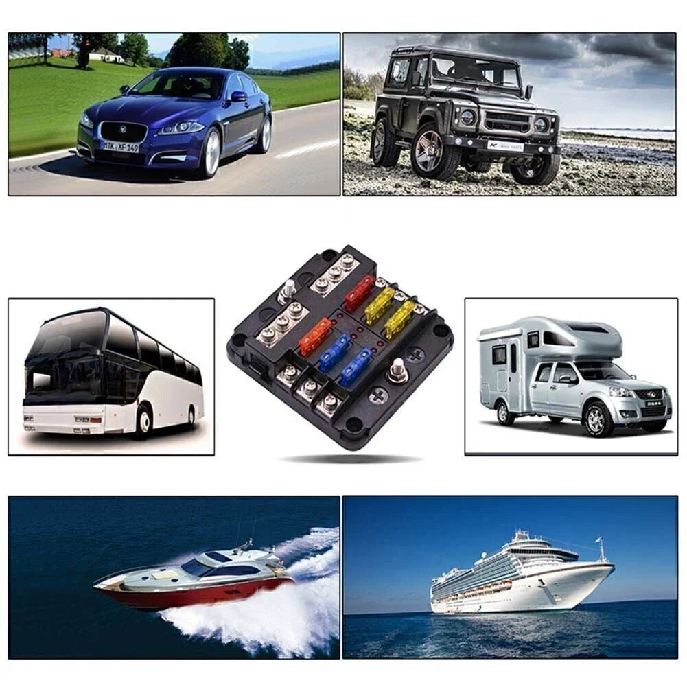 6-Way Blade Fuse Box Block Holder with LED Indicator for Marine RVs Boats
