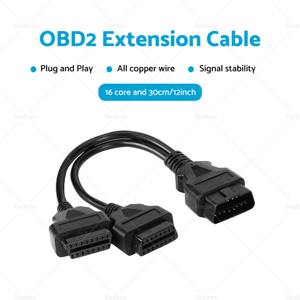 12" OBD2 16 Pin Splitter Extension Cable Male to Dual Female Y Lead