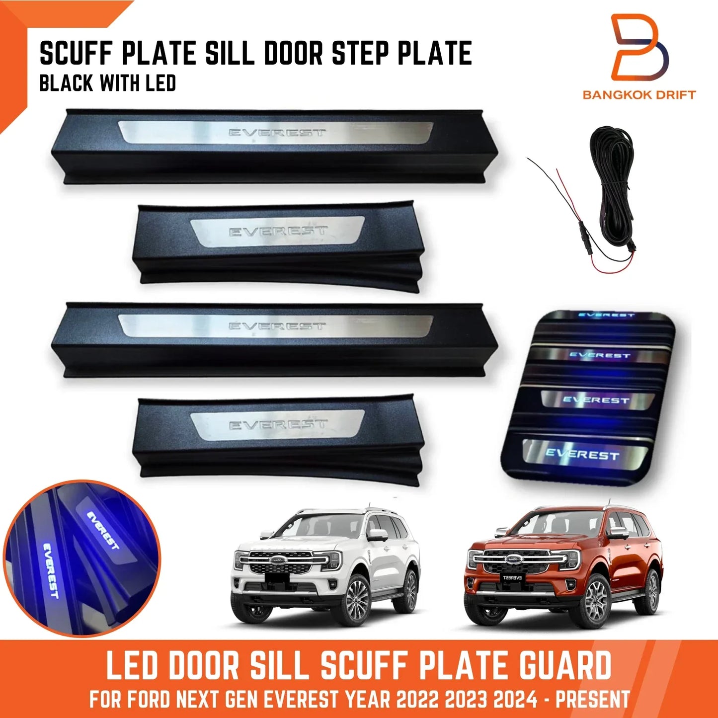LED Black Scuff Plate Door Sill Guard for Ford Everest (2022-2024)