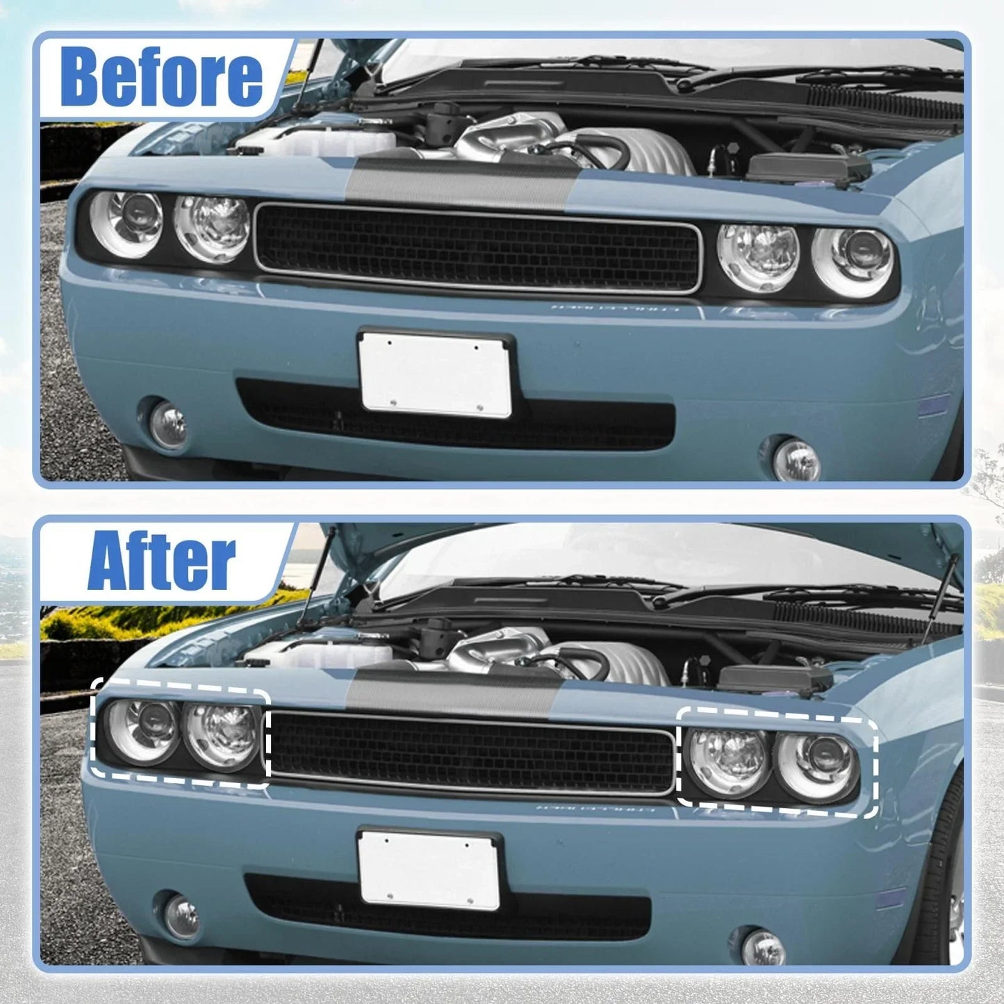4 x Front Black Headlight Covers for Dodge Challenger (2015-2023)