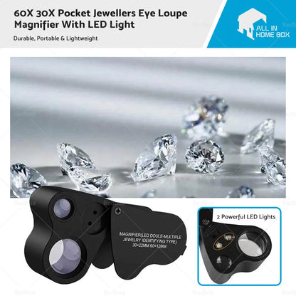 60X 30X LED Light Pocket Jewellers Loupe Magnifier for Jewelry