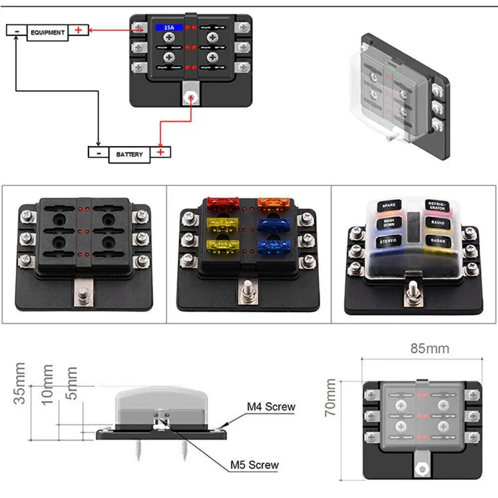 6-Way Blade Fuse Box Holder with LED Indicator for Car Marine Universal
