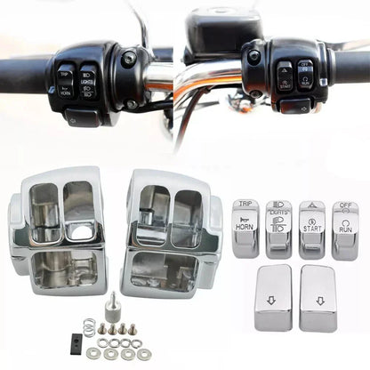 Chrome Switch Housing Covers + 6 x Hand Control Button Caps for Harley Softail