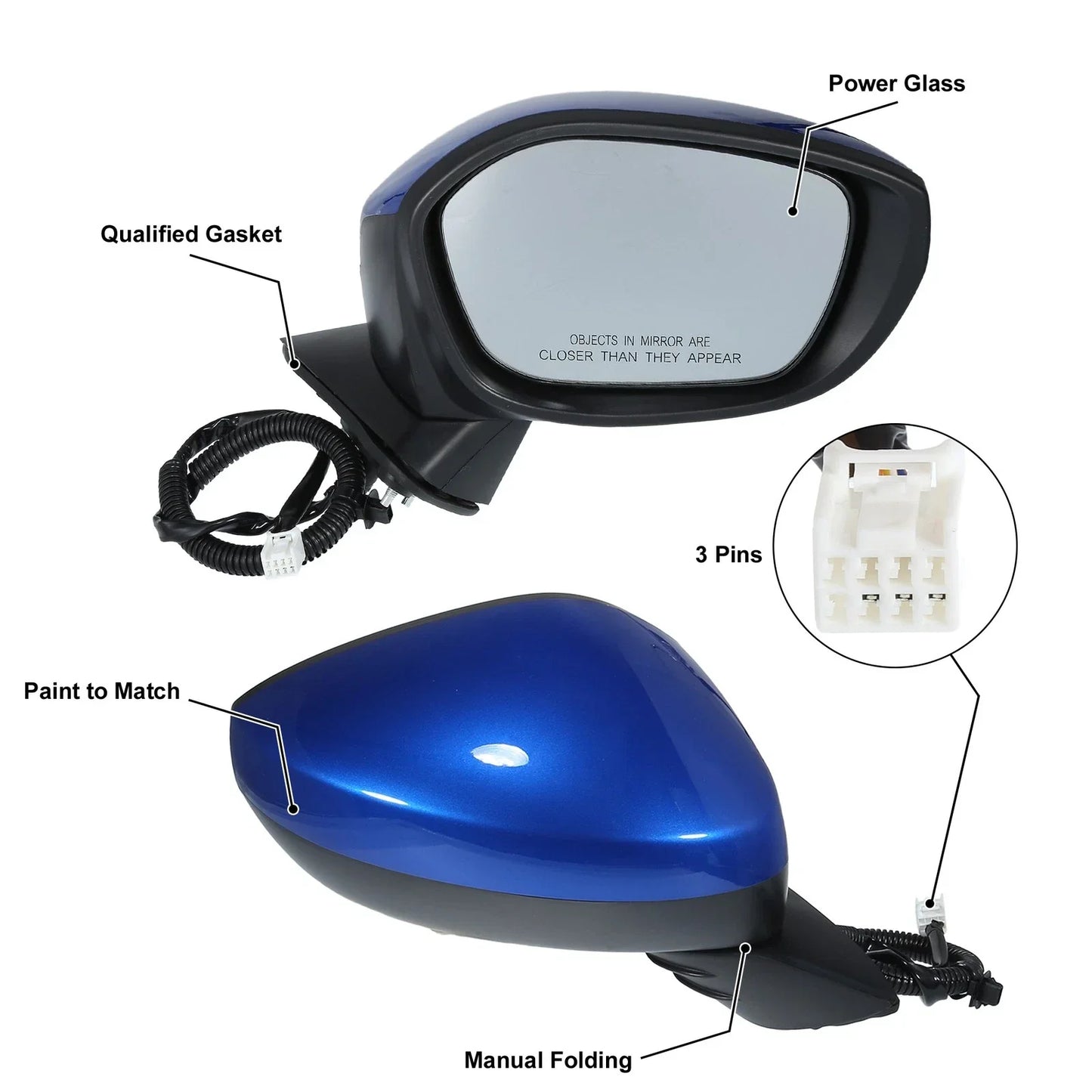 3 Pin Right Side Exterior Door Mirror Assembly Blue for Honda Civic (2022-2023)