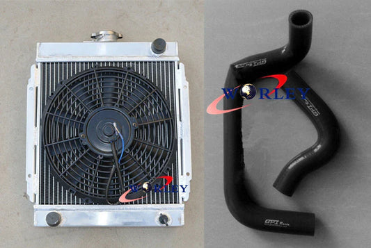 3 Row Aluminum Radiator + Fan + Blue Hose for Datsun 1200 (1970-1976)