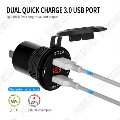 12V USB Type-C Charger Adapter for Car Motorcycle QC 3.0 Power Outlet