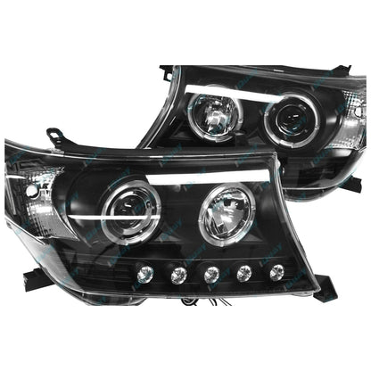 2 x Headlights for Toyota Landcruiser 200 Series Angel Eye Projector BLACK