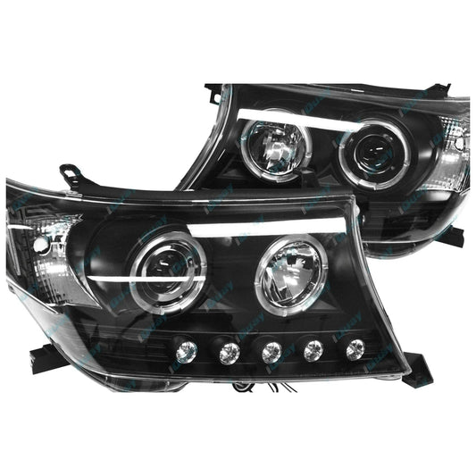 2 x Headlights for Toyota Landcruiser 200 Series Angel Eye Projector BLACK
