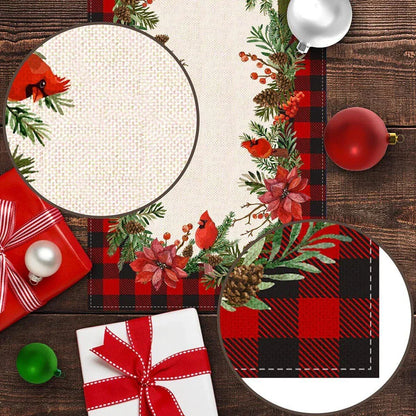 Christmas Cardinal Table Runner 13" x 72" Buffalo Plaid Poinsettia Holly