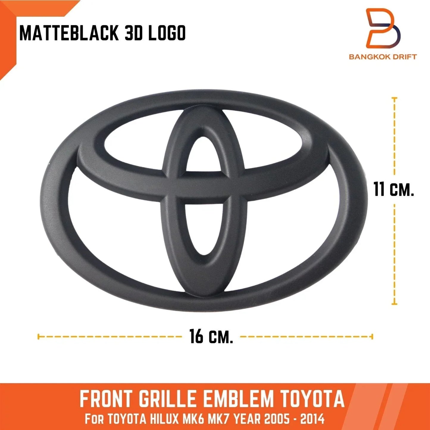 Matte Black 16cm Grille Logo Emblem Badge for Toyota Hilux Vigo (2005-2014)