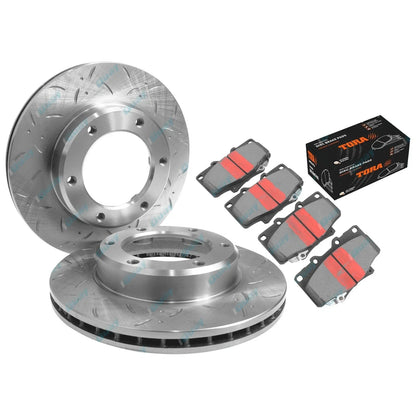 2 x Front Drilled & Slotted Disc Rotors & Brake Pads for Toyota 80 Series (90-92)