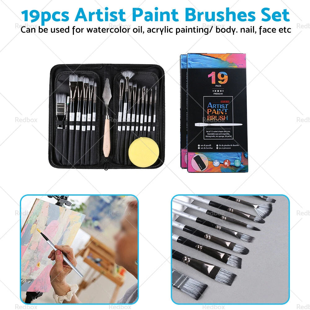 19PCS Artist Paint Brushes Set for Watercolour Acrylic Oil Painting
