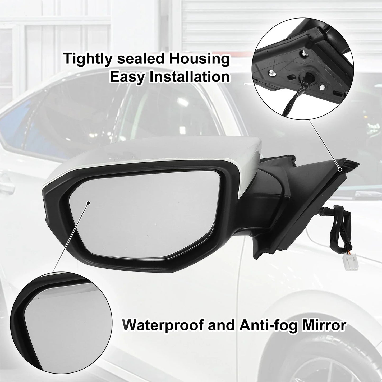 Left Side Exterior Door Mirror Assembly White for Honda Civic (2016-2021)
