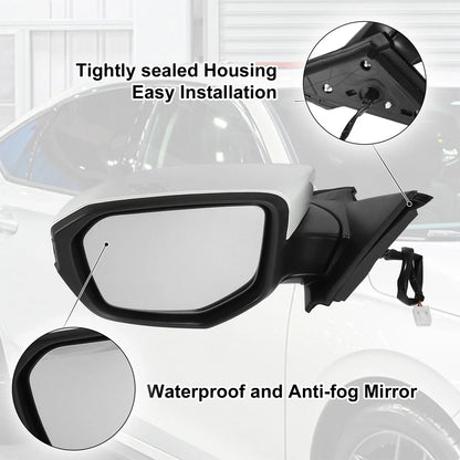 Left Side Exterior Door Mirror Assembly White for Honda Civic (2016-2021)