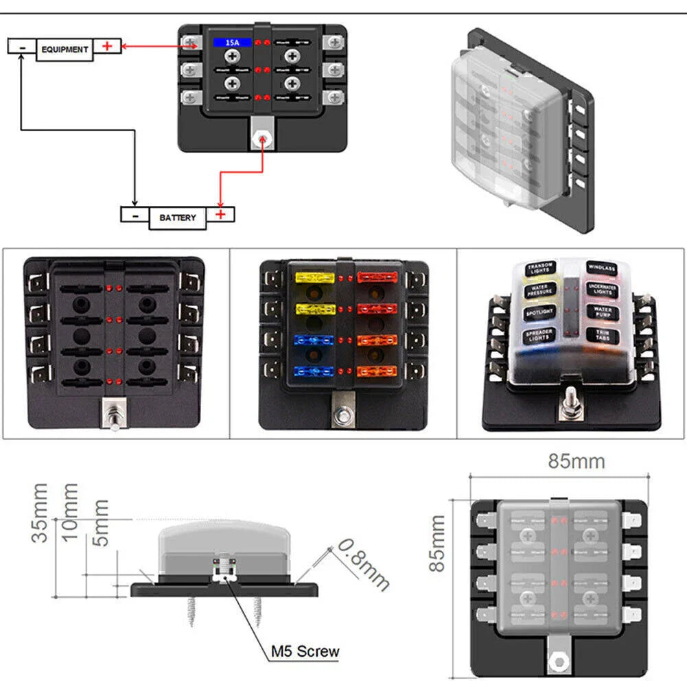8 Way Circuit LED Fuse Box Holder for Universal Applications