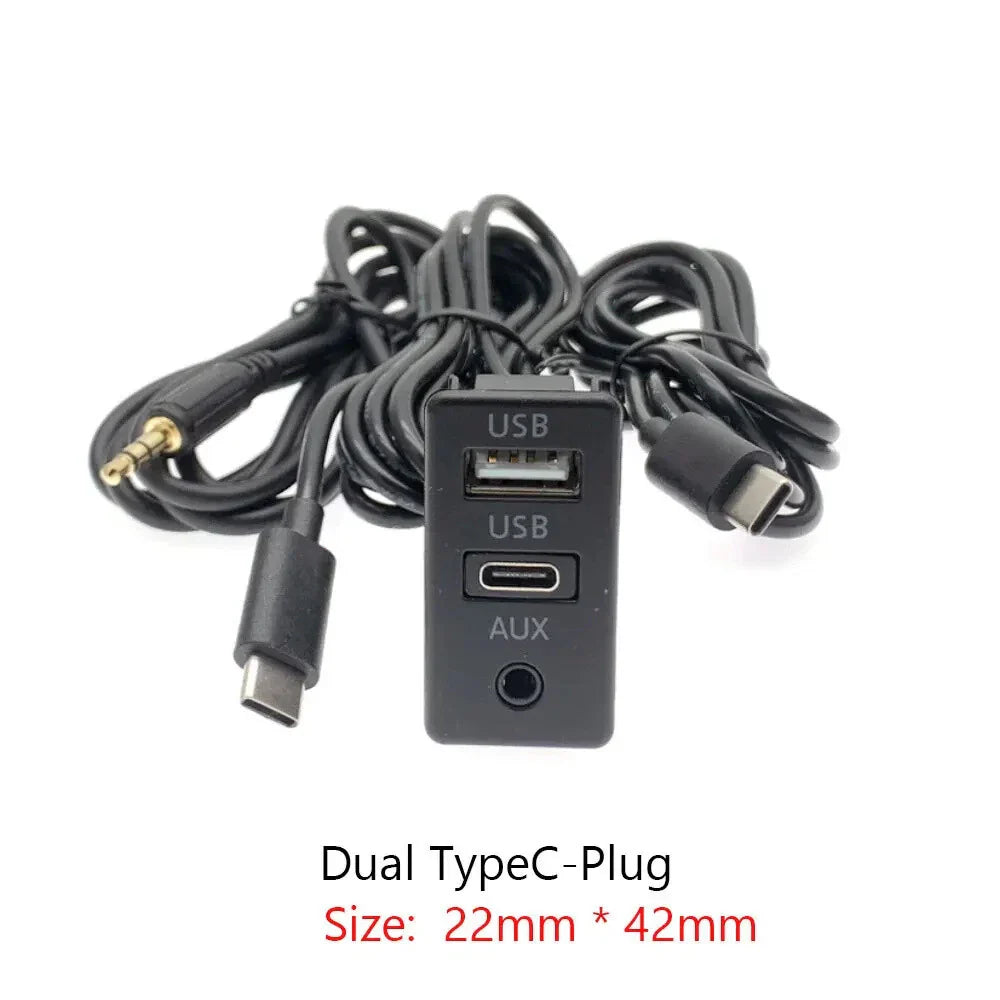 Dual Type-C to USB & RCA Audio Input AUX Port Panel Cable Adapter for Car
