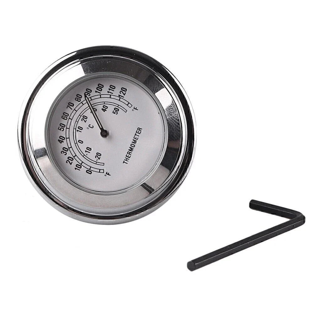 7/8" Handlebar Temp Dial Clock Thermometer for Motorcycle Chrome White