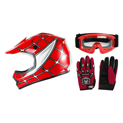 Youth Kids Dirt Bike ATV Helmet w/ Goggles & Gloves - White/Black/Red/Blue/Green