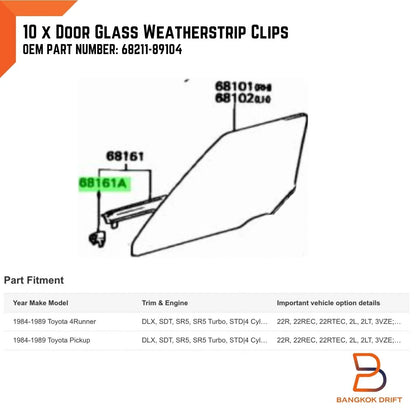 10x Door Glass Weatherstrip Clips for Toyota Hilux 4Runner (1984-1997)