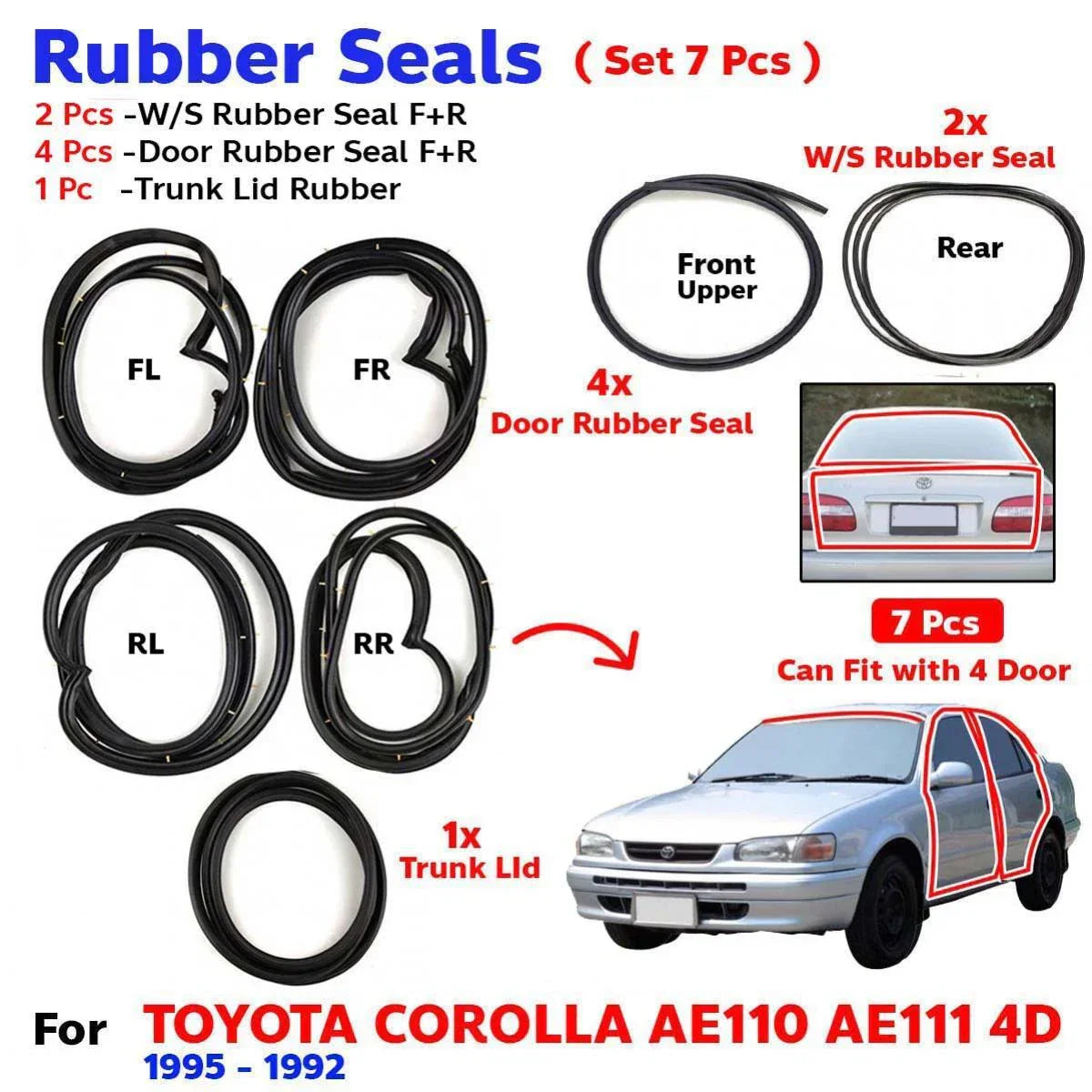 Weatherstrip Rubber Seal Set 7 Fits Toyota Corolla AE110 AE111 4D SED 1995-02