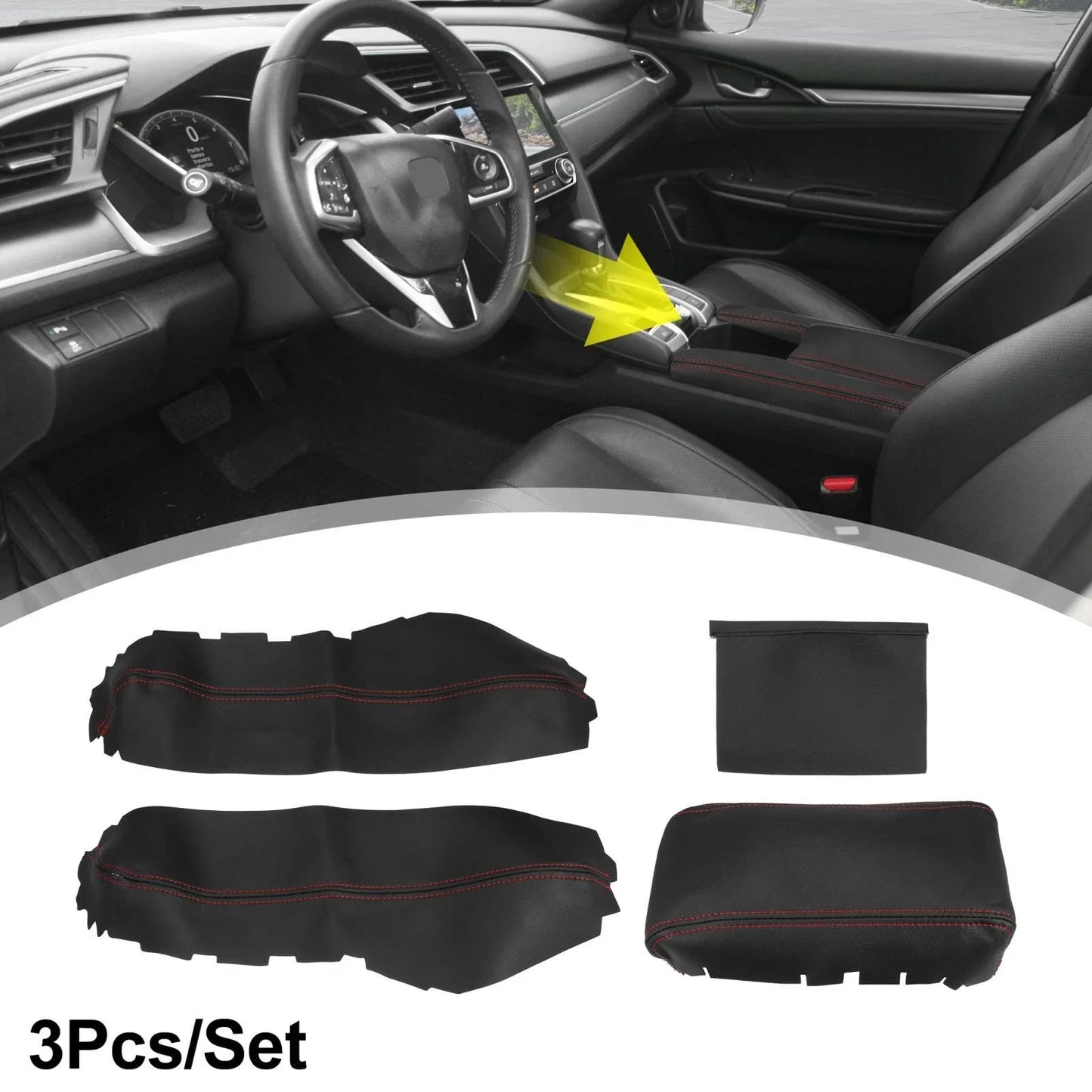 3 Pcs Armrest Covers for Honda Civic 10th Gen (2016-2020) Black Red Line