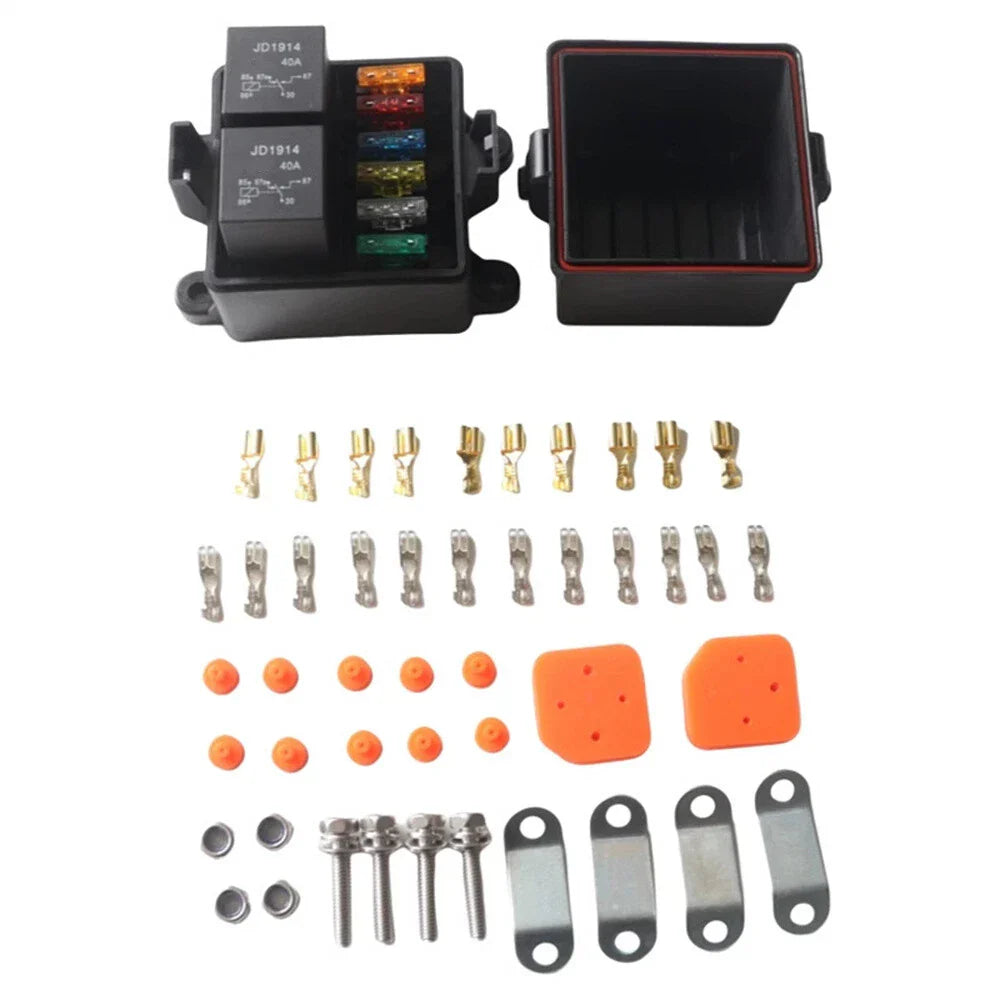 24V 6-Way Fuse Relay Box with 5-Pin 40A Relays & Fuses, Waterproof Design