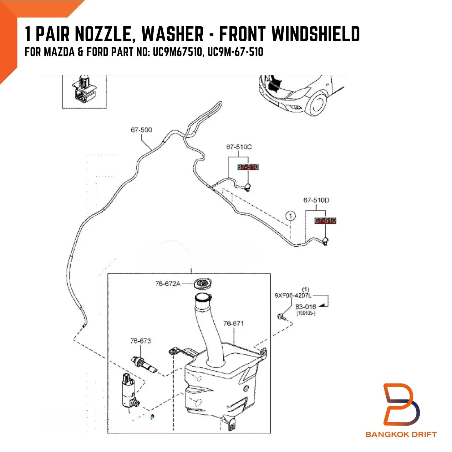 Windscreen Washer Jet Nozzle for Ford Ranger PX T6, Mazda BT-50 (12-22)