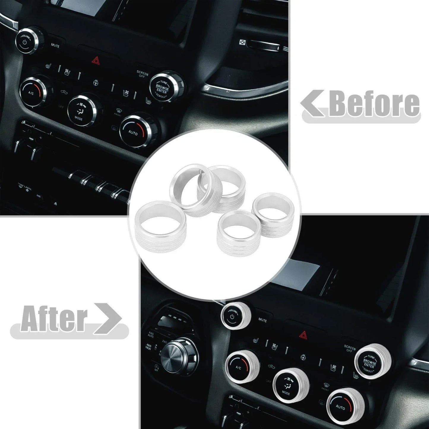 5 x Silver Tone AC Radio Switch Knob Covers for Dodge Ram 1500 (2018-2020)
