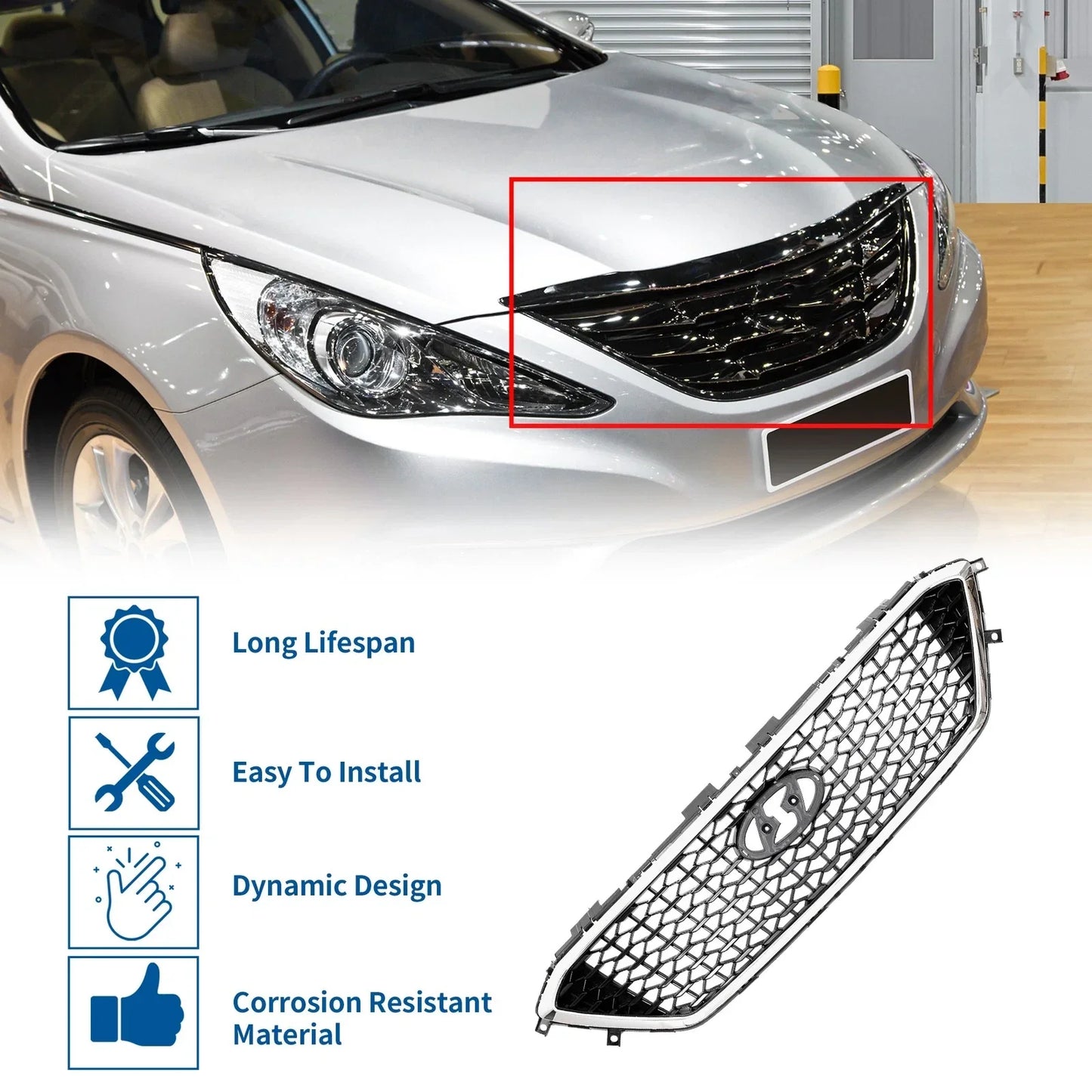 Front Hood Bumper Grille for Hyundai Sonata (2011-2014) Silver Tone