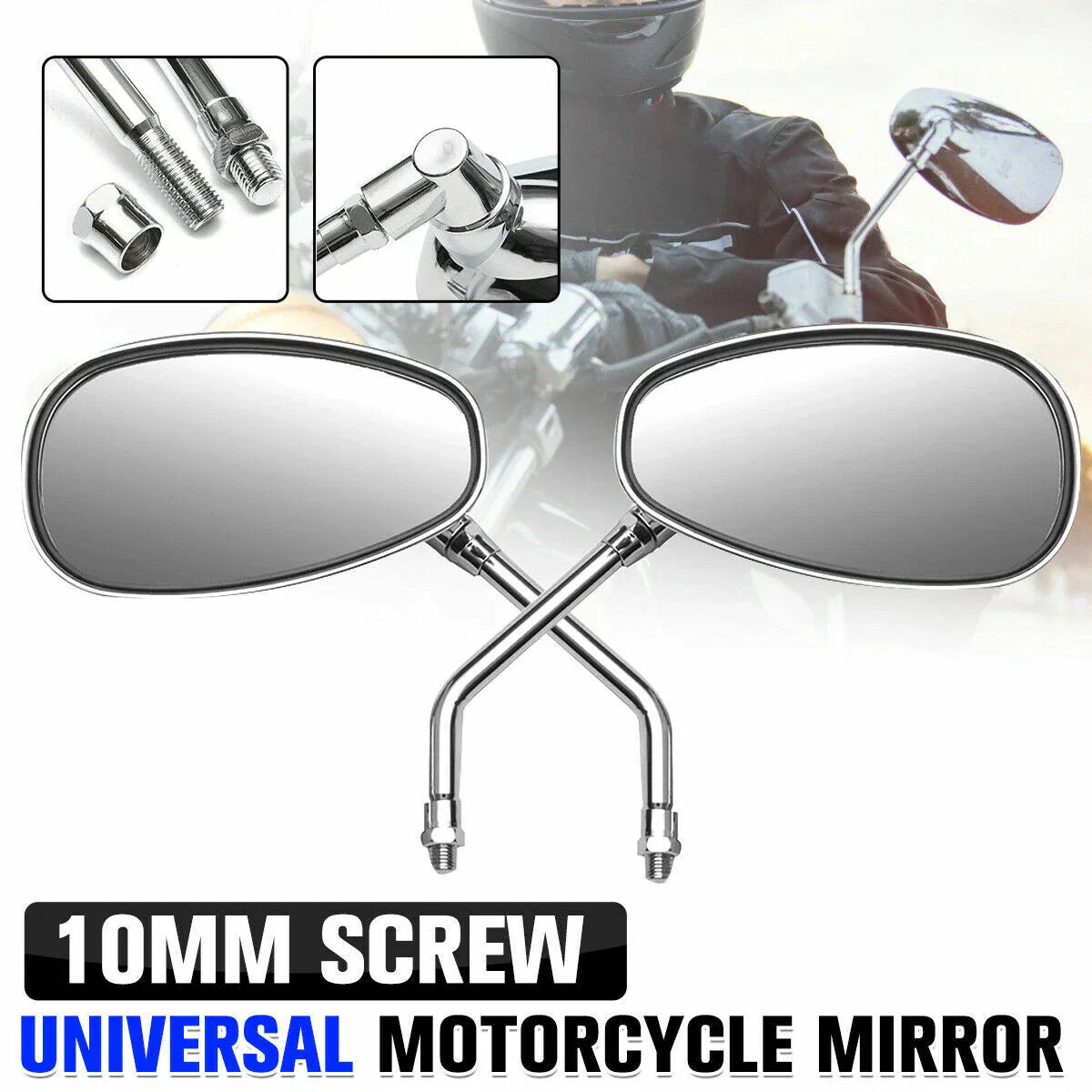 Chrome Oval Rear View Mirrors 10mm Thread for Motorcycle Universal