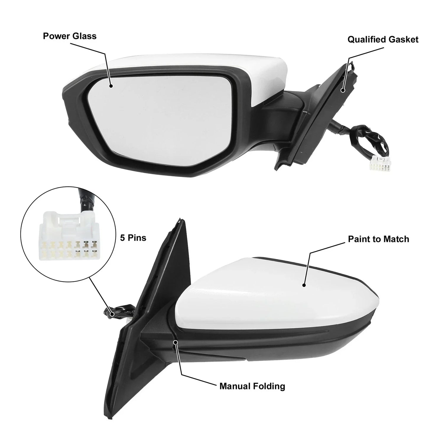 5 Pin Left Side Exterior Door Mirror Assembly White for Honda Civic (2016-2020)