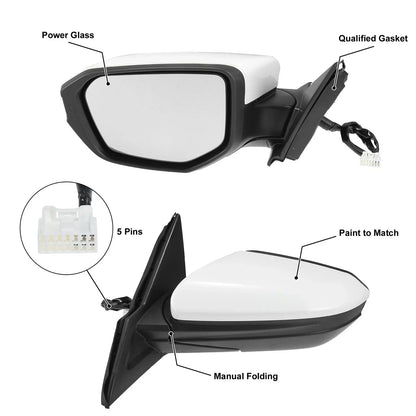 5 Pin Left Side Exterior Door Mirror Assembly White for Honda Civic (2016-2020)
